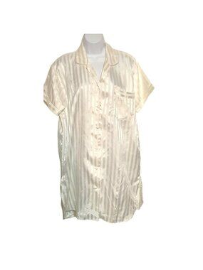 Celsa womens night shirt Satin white Medium short sleeve button front striped